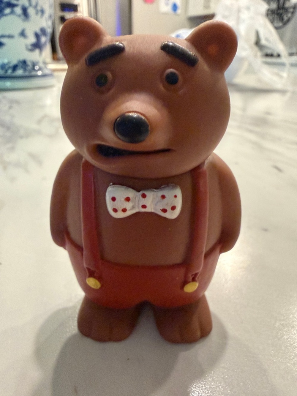 Gruff E Bear Inky DinkyBrown Bear Toy Figure with Red Overalls and White Bow Tie
